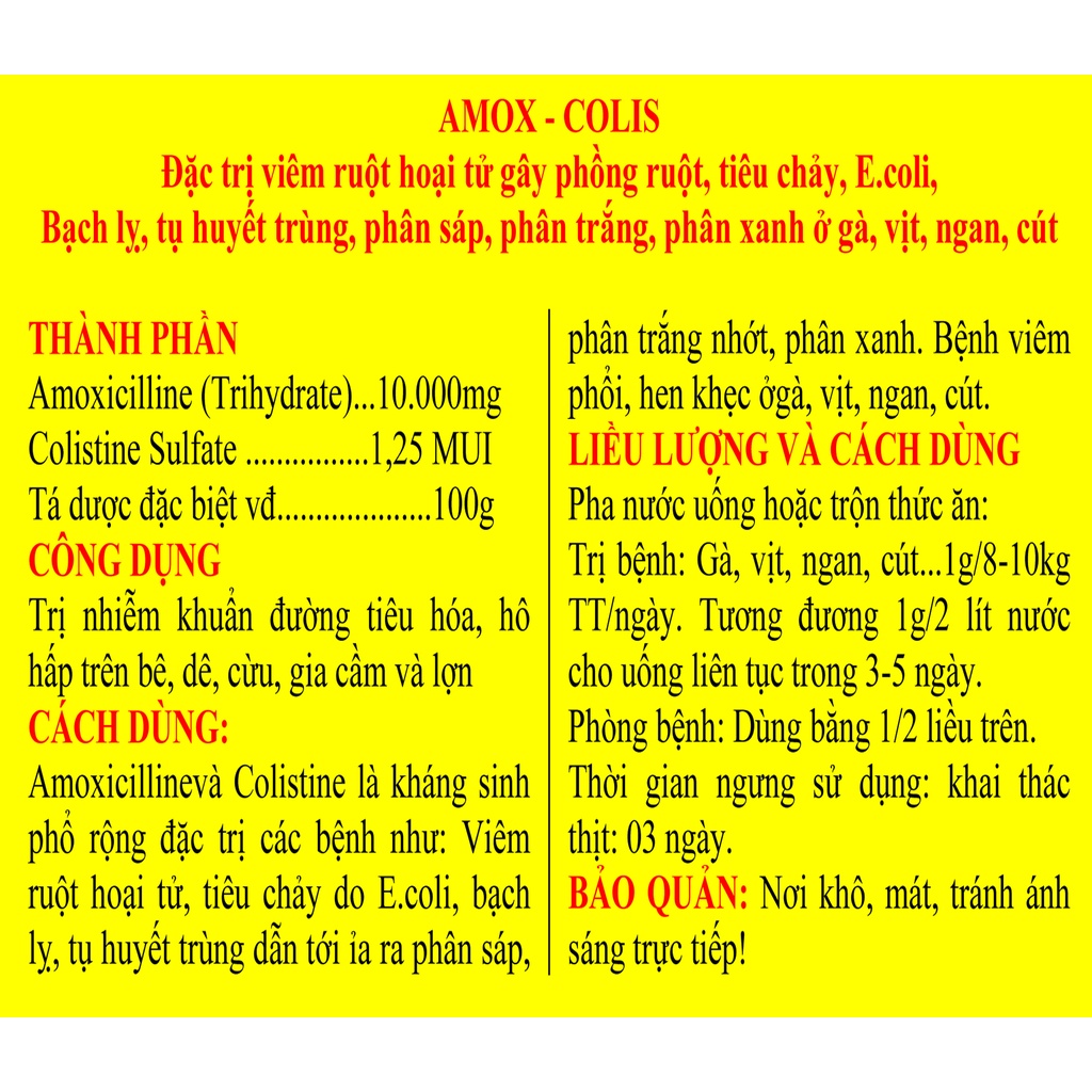 1 gói AMOX - COLIS 10g Chuyên dùng cho gia cầm, gà, vịt, ngan, chim cảnh