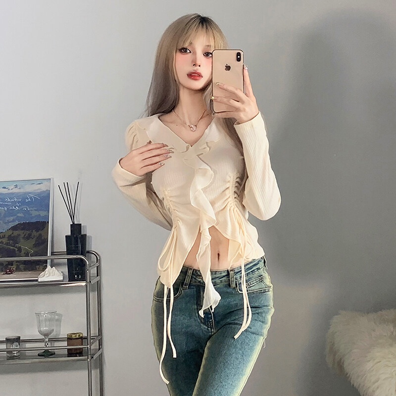 Kliou 2022 Mới vào mùa hè Áo Crop Top Tay Dài Phối Bèo Nhún Thiết Kế Dây Rút Eo Xinh Xắn Thời Trang Cho Nữ