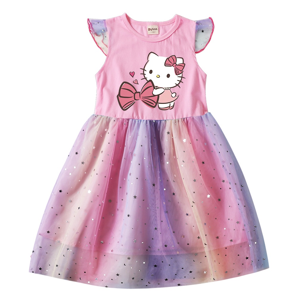 Mới Đầm Tay Ngắn Hình Hello Kitty Màu Cầu Vồng Cho Bé Gái