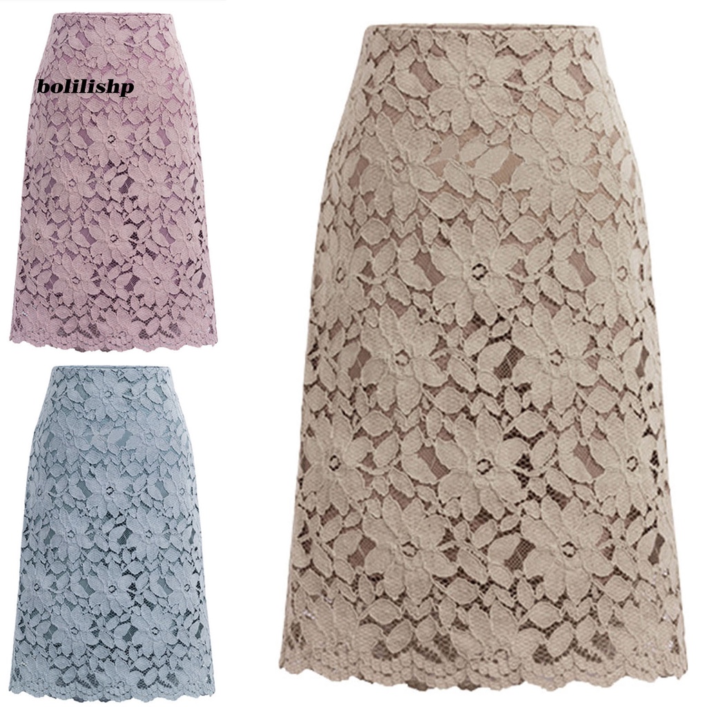 Chân Váy Ren Chữ A Dài Ngang Gối Lưng Cao Thanh Lịch Cho Văn Phòng