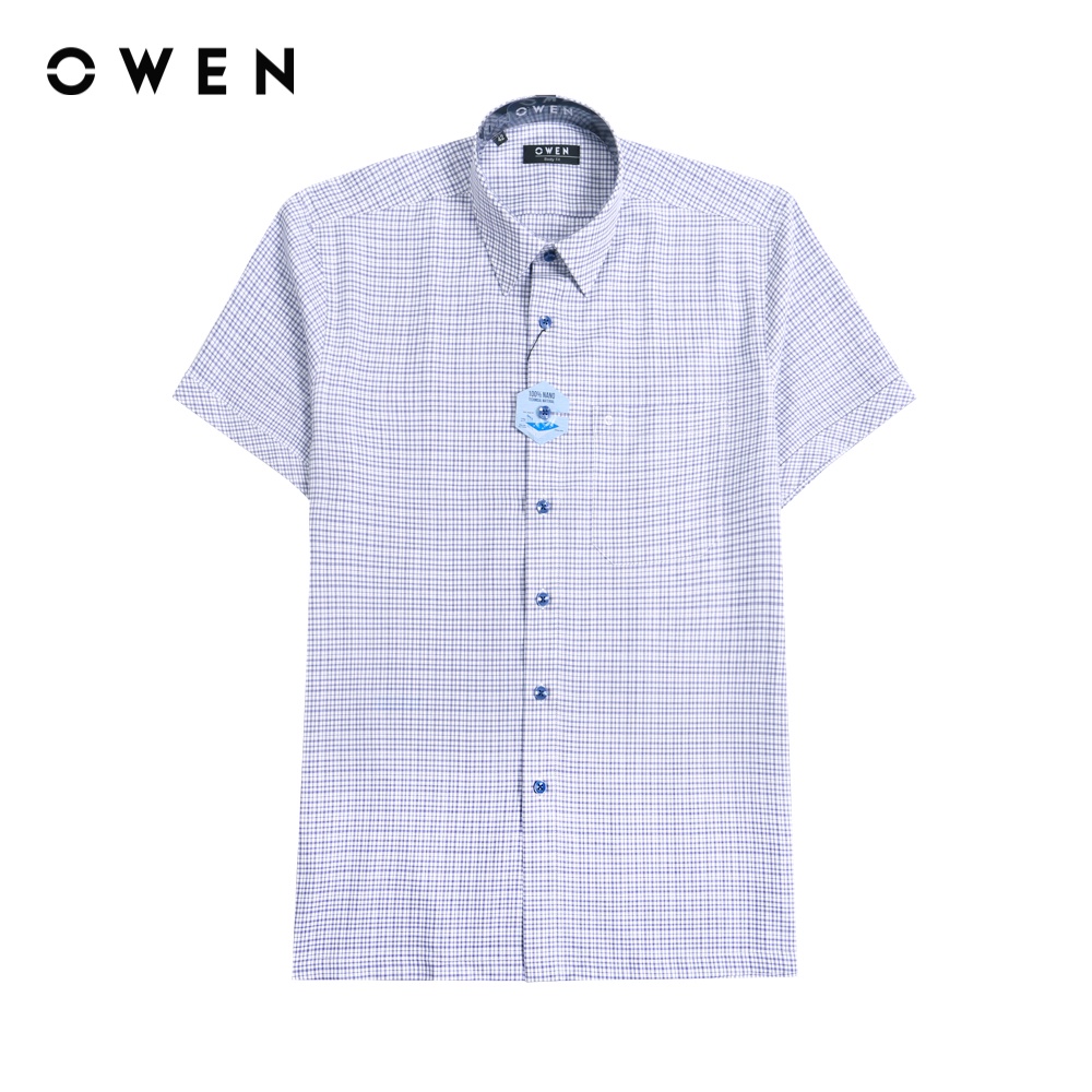 OWEN - Áo sơ mi ngắn tay Body Fit Navy trắng Nano - BA220825NT