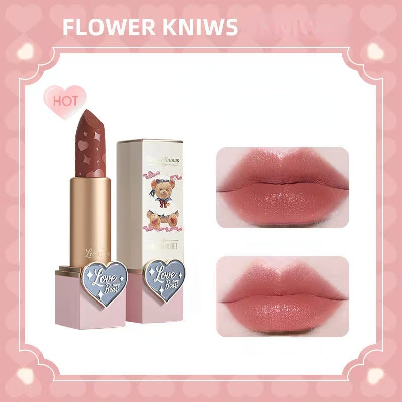 FLOWER KNOWS Son Môi Teddy Bear Mềm Mịn Như Nhung Màu Đậu Trắng Tạo Hiệu Ứng Sương Mù