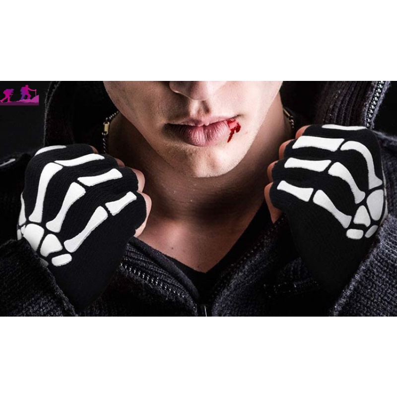 Găng Tay Chống Trượt Hở Ngón Họa Tiết Bộ Xương Phong Cách Gothic