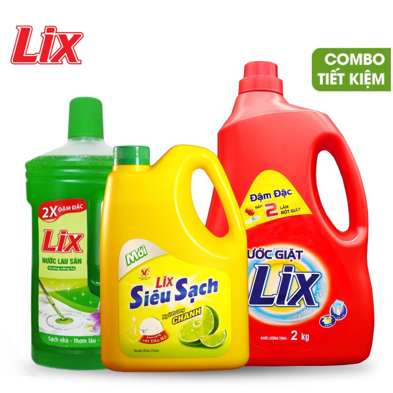 COMBO 36 - Nước giặt Lix đậm đặc hương hoa 2Kg + Nước rửa chén Lix SS chanh 1.4Kg + Nước lau sàn Lix hương nắng hạ 1L