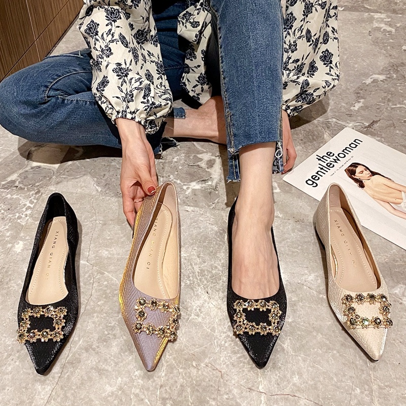 Giày Búp Bê Mũi Nhọn Đính Đá Lấp Lánh Thời Trang Cho Nữ Size 34-44 3Cm