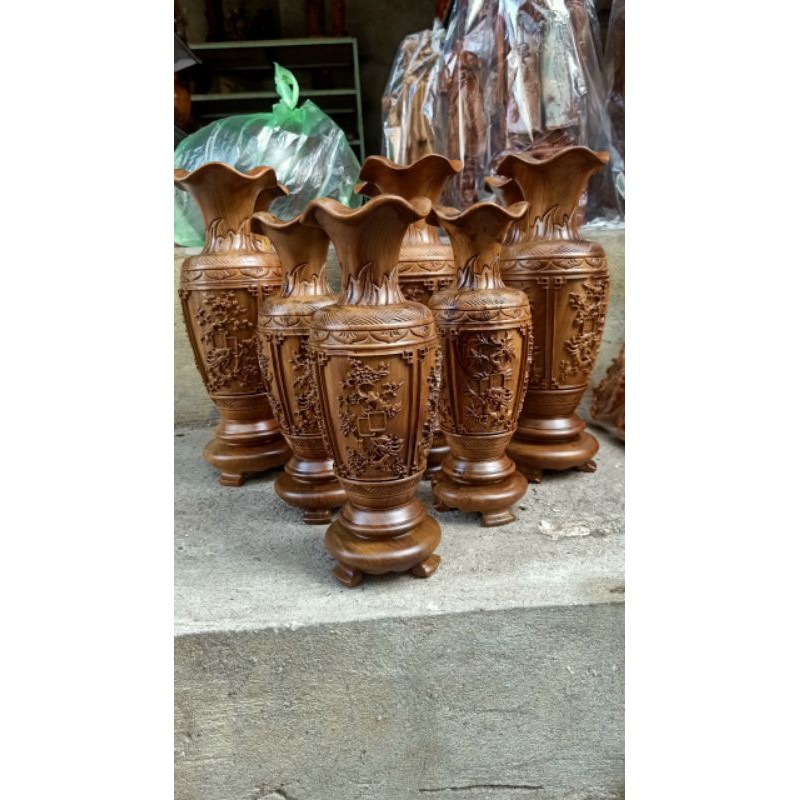Cặp Lục Bình Phong Thủy Gỗ Bách Xanh - Lộc bình gỗ trạm trổ tinh xảo
