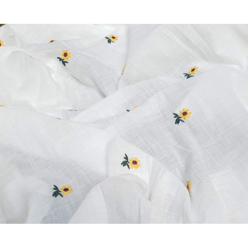 vải đũi xước linen thêu hoa vàng