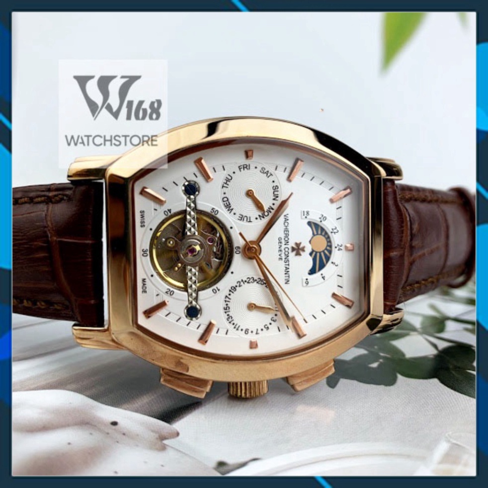 Đồng hồ Nam Vacheron máy nhật, mẫu mặt vuông lịch tuần trăng, mặt trắng viền vàng , dòng cơ Automatic size 40mm-41mm , Đ