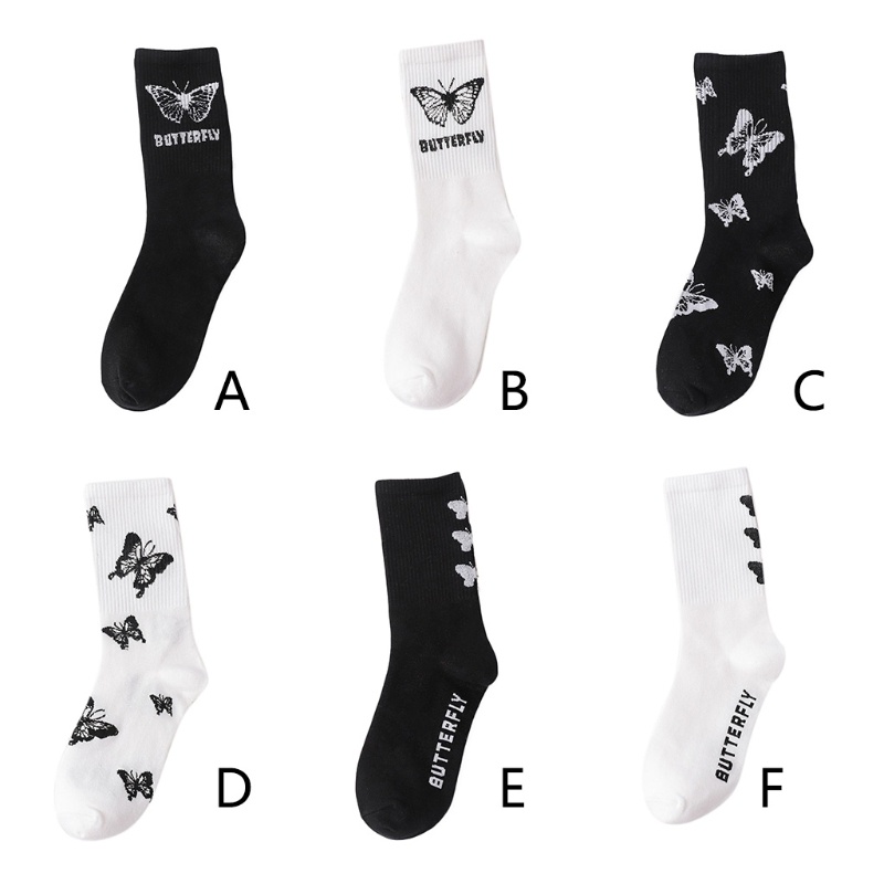 Vớ cotton ống vừa in hình bướm màu đen trắng phong cách Nhật Bản Harajuku Hip Hop thời trang đường phố cho nữ