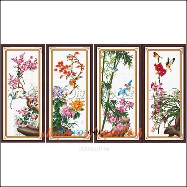 Tranh thêu chữ thập Tứ Quý Đào Cúc Trúc Lan#Trọn bộ 4 bức#Chưa thêu