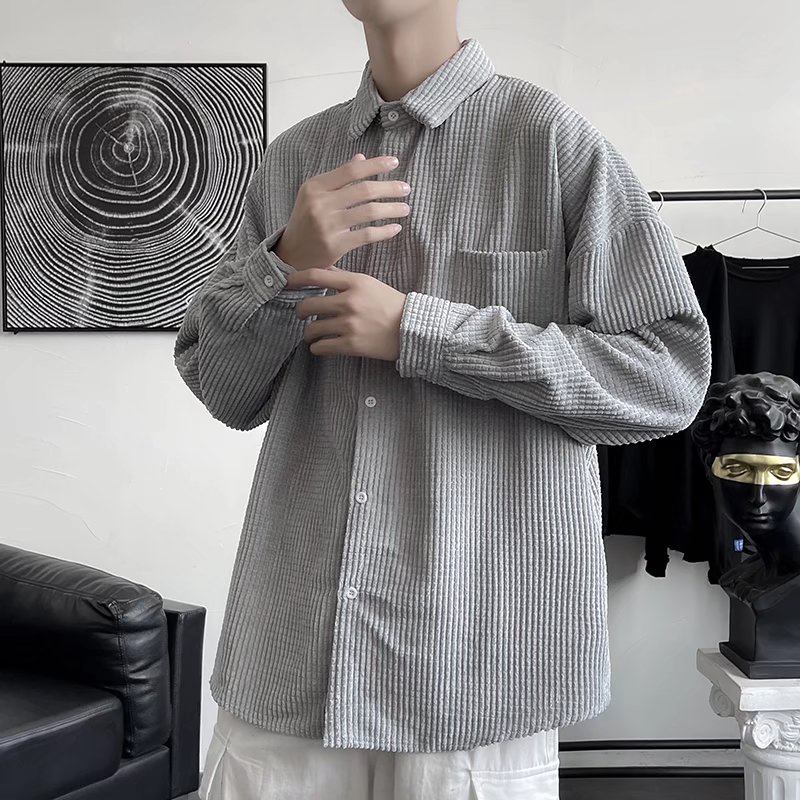 Áo khoác sơ mi tay dài bằng nhung kẻ phong cách xuân thu thịnh hành cho nam