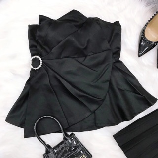 Set áo phi nơ cúp ngực eo khoen+ váy dập ly xoè