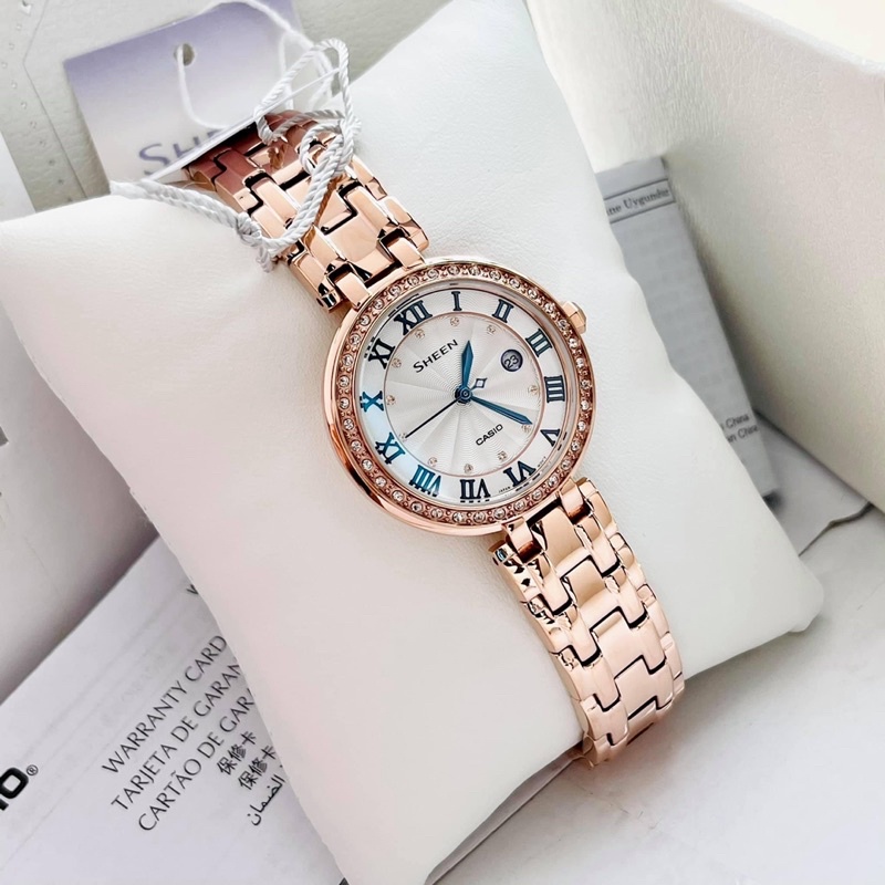 Đồng Hồ Nữ Casio Sheen SHE-4034PG-7A Dây Kim Loại Mạ Vàng Hồng - Mặt Số La Mã Màu Xanh