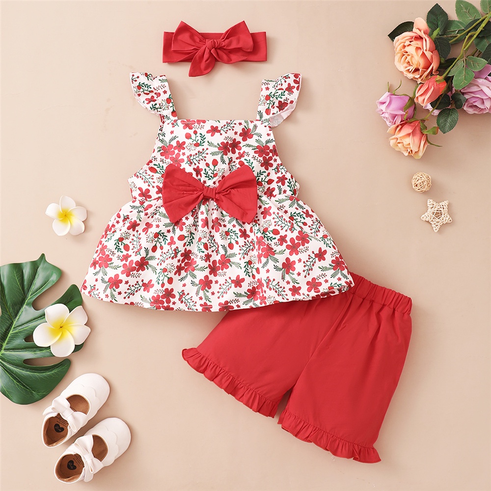Trang phục Mikrdoo 3 món gồm áo tay cánh bướm in hoa + quần short + băng đô thời trang cho bé gái 1-5 tuổi