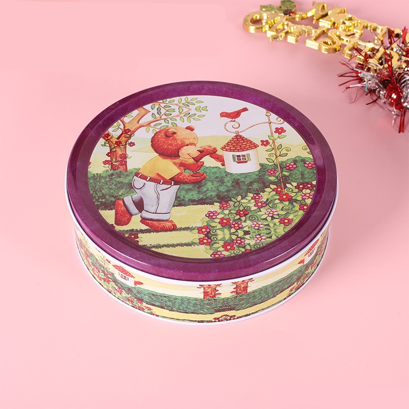 Hộp thiếc bánh quy ⚡ CAO CẤP ⚡ hộp thiếc đựng bánh hình tròn Gấu tím 20cm
