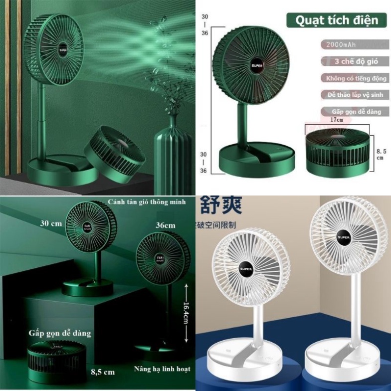 Quạt tích điện Super 3 cấp độ mini để bàn gấp gọn tiện dụng thời gian sử dụng tới 8 tiếng - Phụ kiện ati