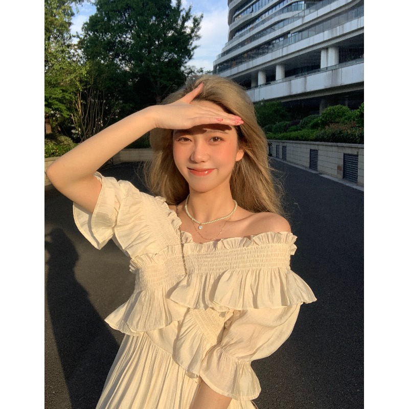 Jane Váy trễ vai mùa hè Phiên bản Hàn Quốc của phong cách retro cổ điển Hepburn