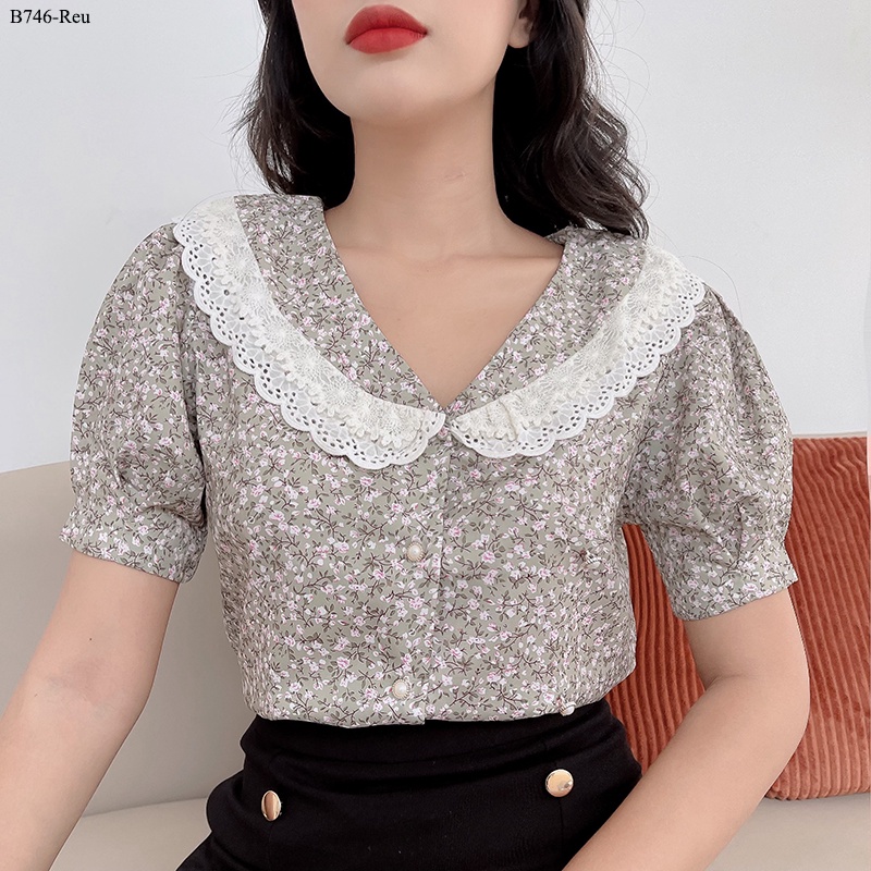 (XẢ HÀNG LẺ SIZE) Áo sơ mi nữ Hoa cổ phối ren-B746