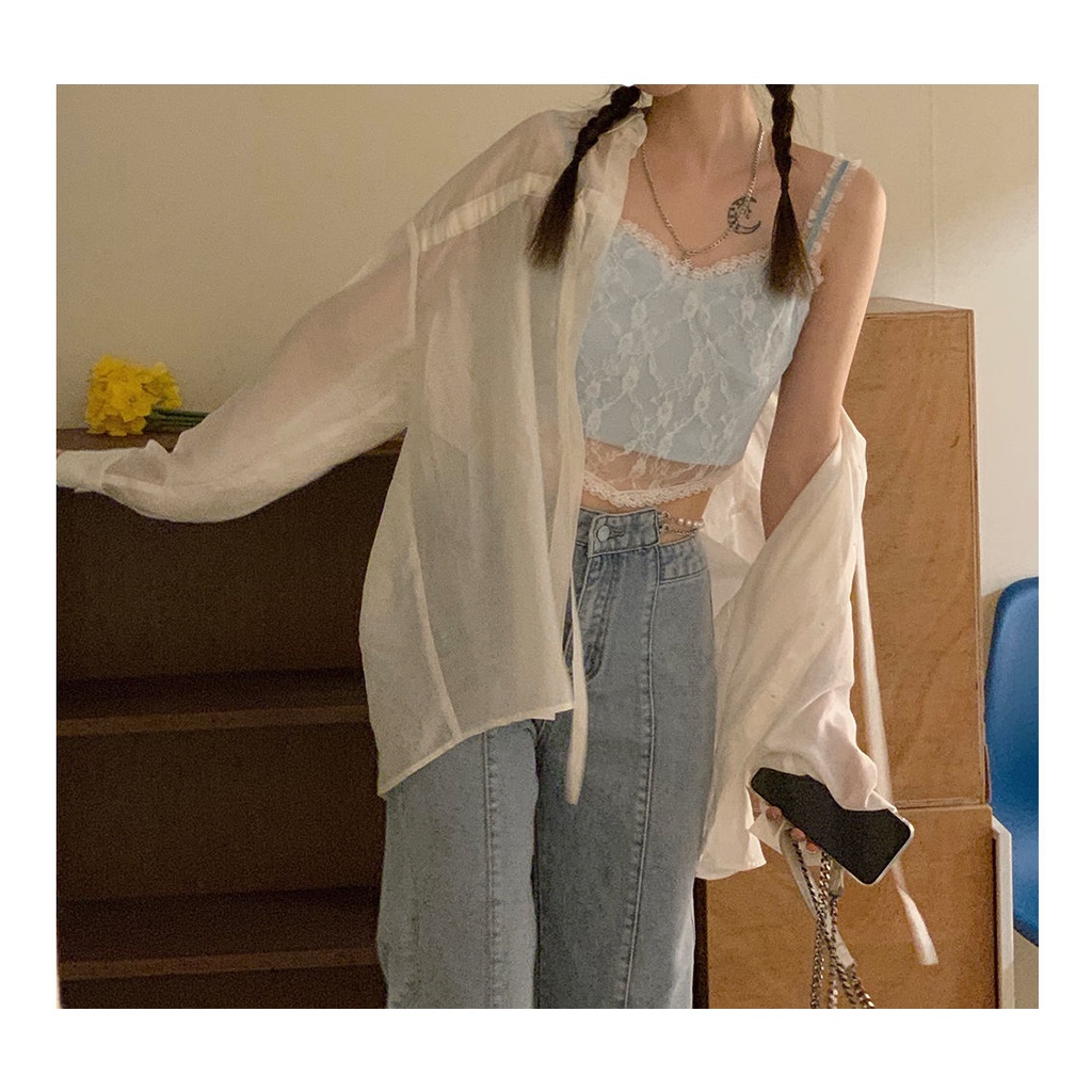 Áo kiểu hai dây dáng ngắn phối ren màu xanh dương thời trang mùa hè dành cho nữ | BigBuy360 - bigbuy360.vn