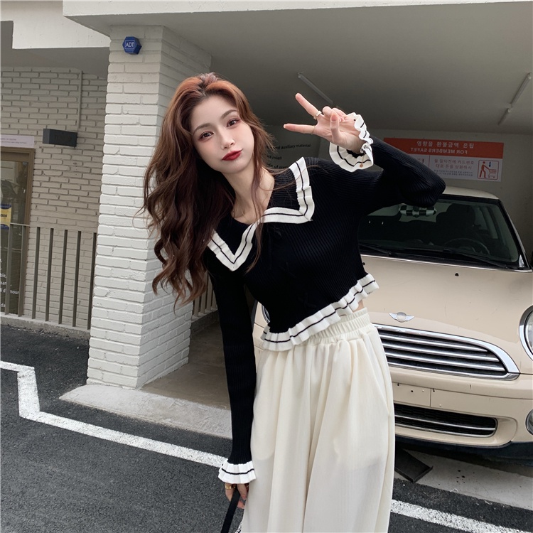 【ZHELIHANGFEI】 / Áo Sweater Dệt Kim Cổ Búp Bê Dáng Ôm Thiết Kế Cột Dây Kiểu Retro Thời Trang Xuân Hè Cho Nữ