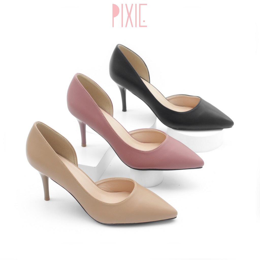 Giày Cao Gót 7cm Khoét Eo Mũi Nhọn Màu Đen Pixie P113 l