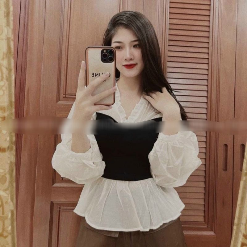 ÁO BÈO VOAN TRẮNG CỔ V TAY PHỒNG PHỐI ĐEN XINH XẮN 🧸🧸🧸