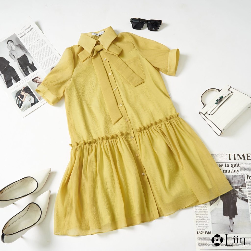 LIIN - Đầm sơ mi nữ màu vàng mix nơ trẻ trung, mặc tôn da LINBI D6571