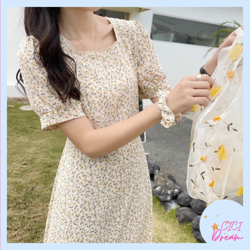 Đầm - váy hoa nhí cổ vuông phối ren tay ngắn kèm chun babydoll, Đầm - váy hoa nhí cổ vuông cộc tay vintage đi biển