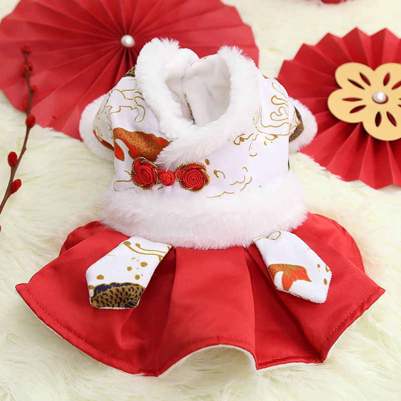 Thời Trang Thú Cưng Năm Mới Chó đỏ Váy Mèo Dễ Thương Chúc May Mắn Koi Mùa Thu Đông Quần áo ấm