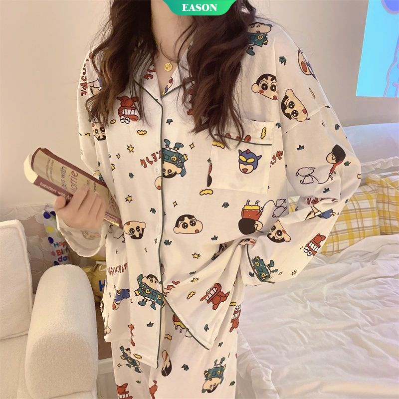 Bộ Đồ Ngủ Tay Dài In Hoạt Hình Cậu Bé Bút Chì Dễ Thương Thời Trang Xuân Thu