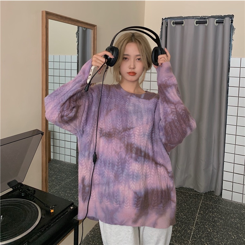 ZHELIHANGFEI Áo Sweater Dệt Kim Dáng Rộng Phối Màu Nhuộm Kiểu Retro Thời Trang