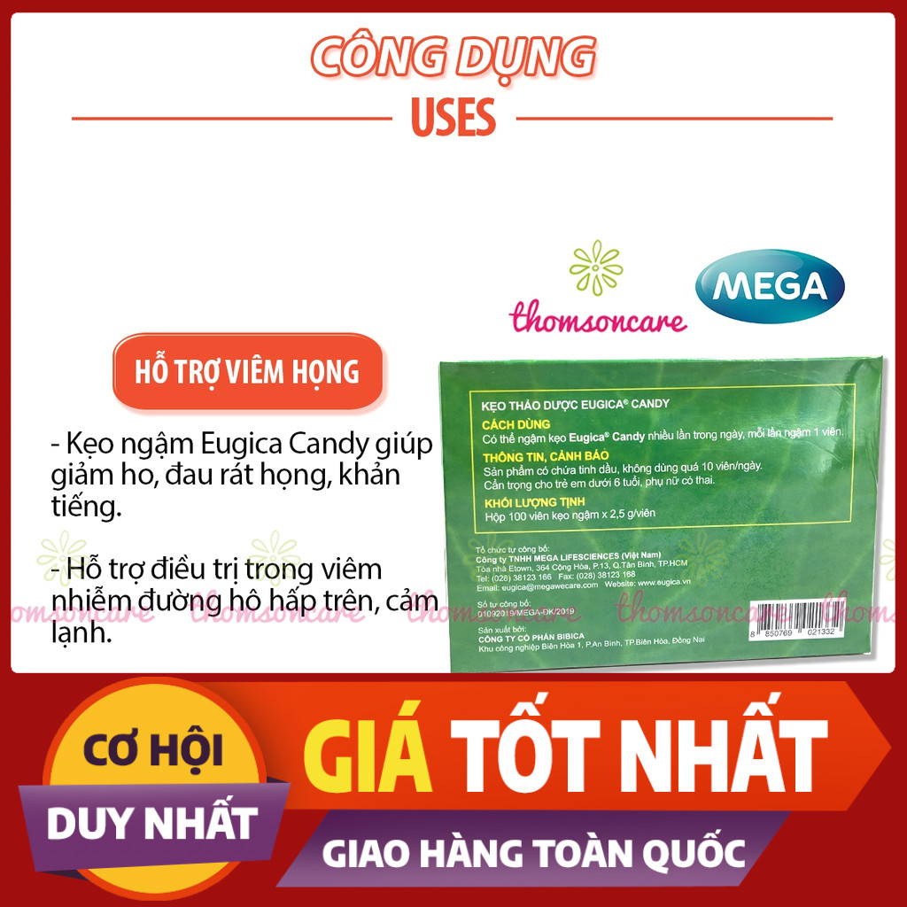 [ HÀNG CHÍNH HÃNG]Eugica kẹo ngậm giảm ho đau họng từ thảo dược -  từ tinh dầu gừng, bạc hà, quế, khuynh diệptốt