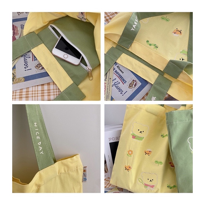 Túi tote đeo vai màu vàng và xanh lá style korea siêu xịn (hình thêu)