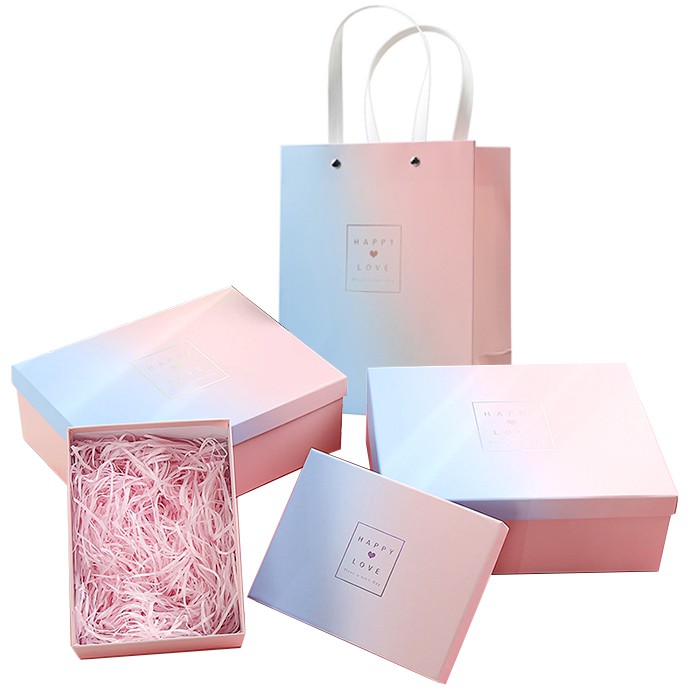 Hộp đựng quà cứng hình chữ nhật kèm giấy rơm, túi quà phối màu xanh hồng | BigBuy360 - bigbuy360.vn