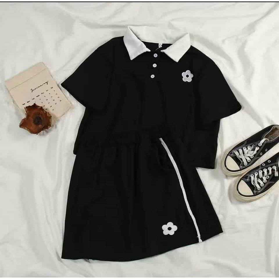 SET ÁO POLO CROPTOP THÊU HOA CÚC MIX CHÂN VÁY THỂ THAO COTTON HOT