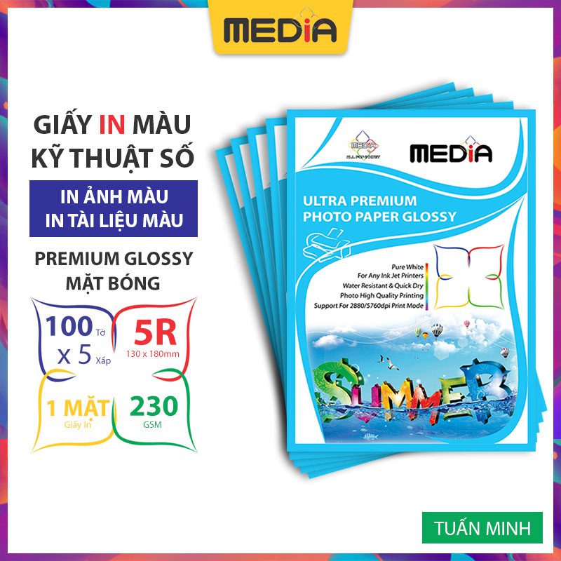 Bộ 5 Xấp Giấy In Ảnh Media 1 Mặt Bóng 5R 230gsm 100 Tờ x 5 | BigBuy360 - bigbuy360.vn