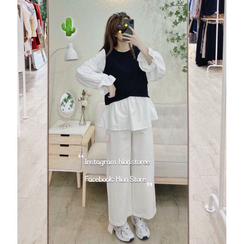Áo Babydoll tay phồng phối đen trắng siêu xinh