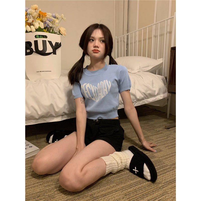 HUANG YOYO Áo Croptop Dệt Kim Tay Ngắn Cổ Tròn Dễ Thương Phong Cách Hàn Quốc Cho Nữ vicolas