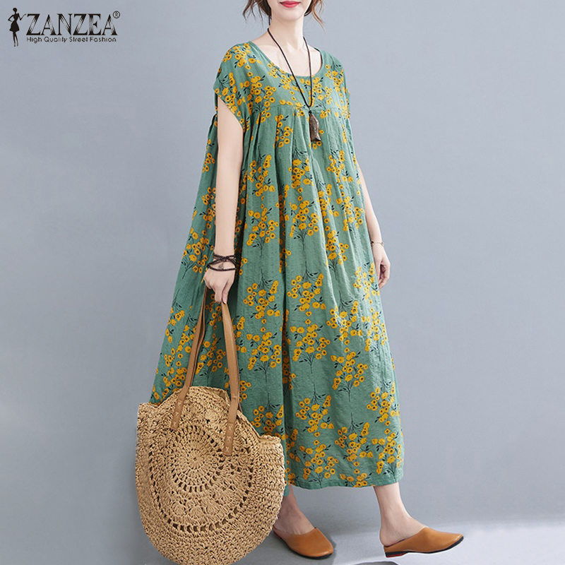 Đầm Maxi Nữ ZANZEA In Hoa Tay Ngắn Thời Trang Cổ Điển Thường Ngày