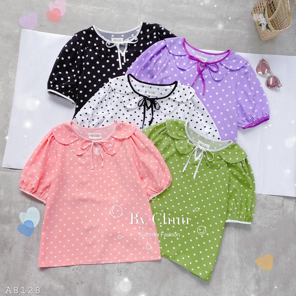 Áo sơ mi chấm bi nữ kiểu cổ cột nơ công sở CHUU A8128