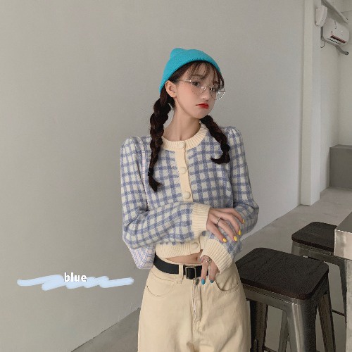 Áo Khoác len Cardigan Dệt Kim Cổ Tròn Sọc Caro Phong Cách Hàn Quốc Thời Trang Mùa Thu Cho Nữ | BigBuy360 - bigbuy360.vn