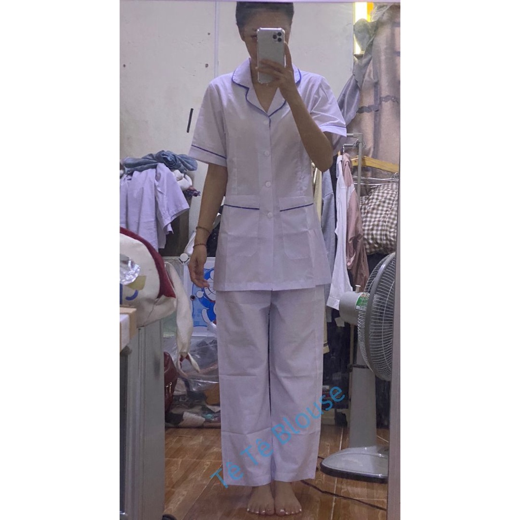 Áo Blouse cổ tròn viền xanh dương có đai eo lưng vải Lon dành cho điều dưỡng, y tá, dược sỹ, sinh viên y