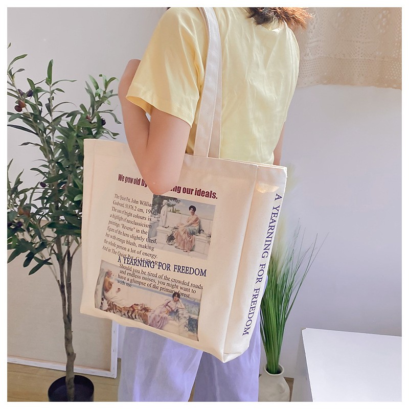 Túi vải tote canvas đáy vuông size lớn rộng rãi họa tiết vintage cho nữ