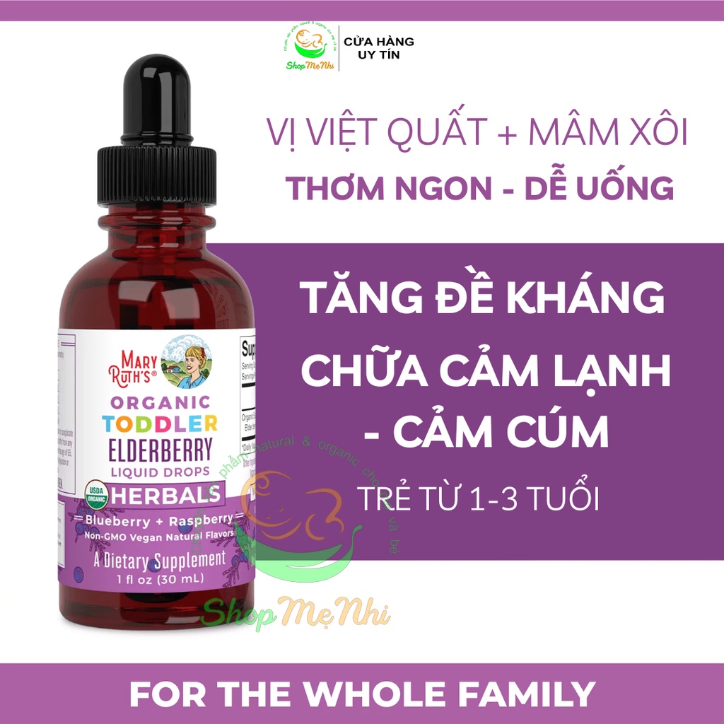 Siro tăng đề kháng hữu cơ Elderberry Mary Ruth’s cho trẻ từ 1-3 tuổi 30ml.
