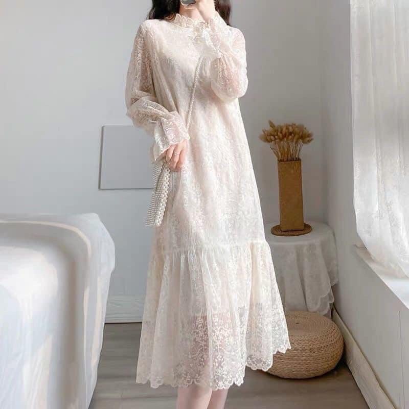 Váy ren trắng tiểu thư hàng quảng châu