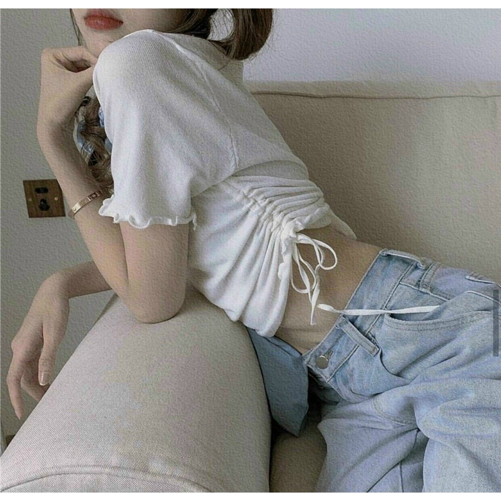 Áo Croptop Rút Eo Cuốn Biên Cổ Tim