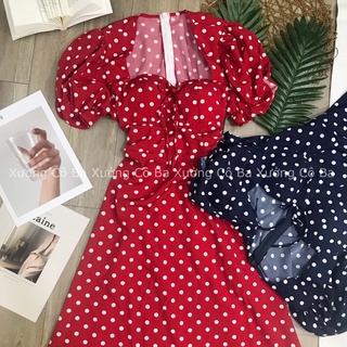 Đầm midi dáng dài chấm bi tay phồng có mút ngực >63kg - Đầm dáng dài đầm dài vintage - Xưởng sỉ cô ba - Xưởng sỉ COBA
