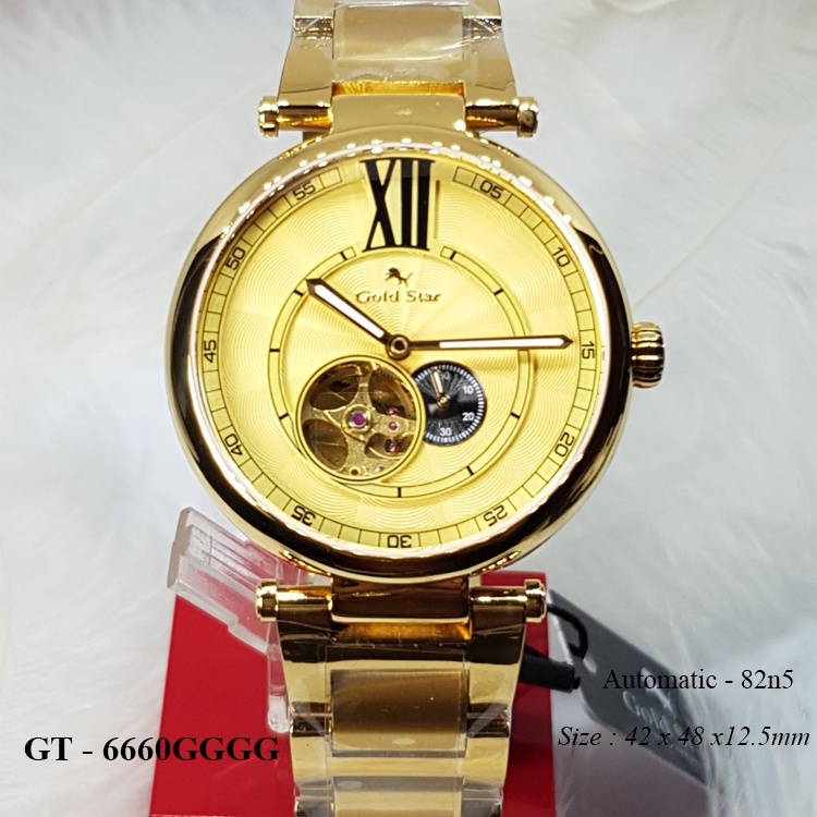 *Gold Star* Đồng Hồ goldstar Tự Động Chính Hãng Nam GT-6660G,Thép 316L,Kính Saphia,Gắn Kim Cương,Mạ Vàng 24k,Nước 100m