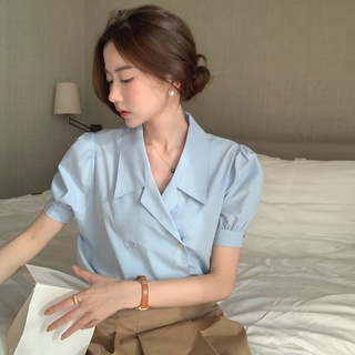 Áo sơ mi tay ngắn cổ bẻ màu xanh dương 51666
