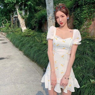 Đầm Nữ Trắng Cherry Vàng Tay Bo (KÈM ẢNH THẬT)